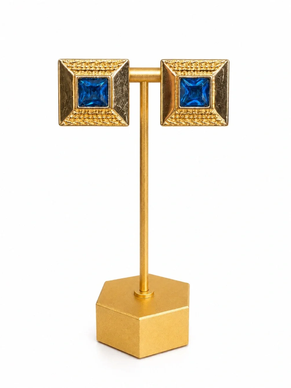 Vintage Gold Tone Blue Cabochon Statement Earrings Heavy Weight Square Studs